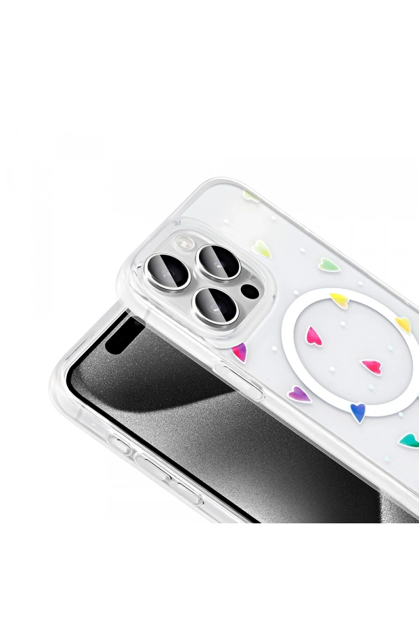 Apple iPhone 15 Pro Kılıf M-Safe Şarj Özellikli Şeffaf Zore Folk Sert Kapak