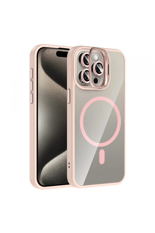 Apple iPhone 15 Pro Kılıf Standlı ve Kamera Lens Hediyeli M-Safe Şarj Özellikli Zore Etro Kapak