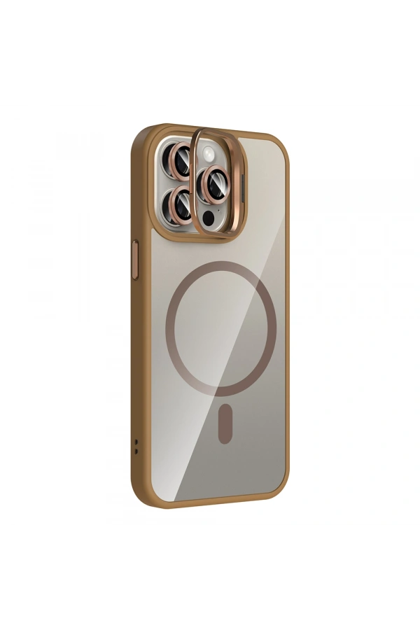 Apple iPhone 15 Pro Kılıf Standlı ve Kamera Lens Hediyeli M-Safe Şarj Özellikli Zore Etro Kapak