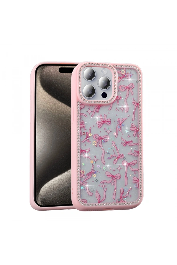 Apple iPhone 15 Pro Kılıf Taşlı ve Simli Tasarım Zore Azra Kapak