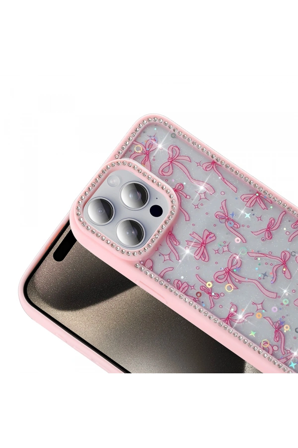 Apple iPhone 15 Pro Kılıf Taşlı ve Simli Tasarım Zore Azra Kapak