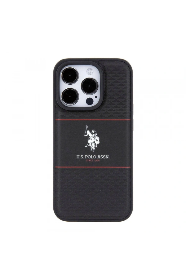 Apple iPhone 15 Pro Kılıf U.S. Polo Assn. Orjinal Lisanslı Deri Şeritli Logo Dizayn Kapak