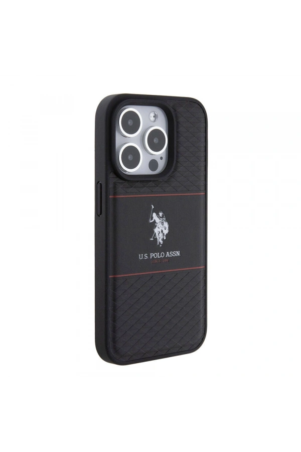 Apple iPhone 15 Pro Kılıf U.S. Polo Assn. Orjinal Lisanslı Deri Şeritli Logo Dizayn Kapak