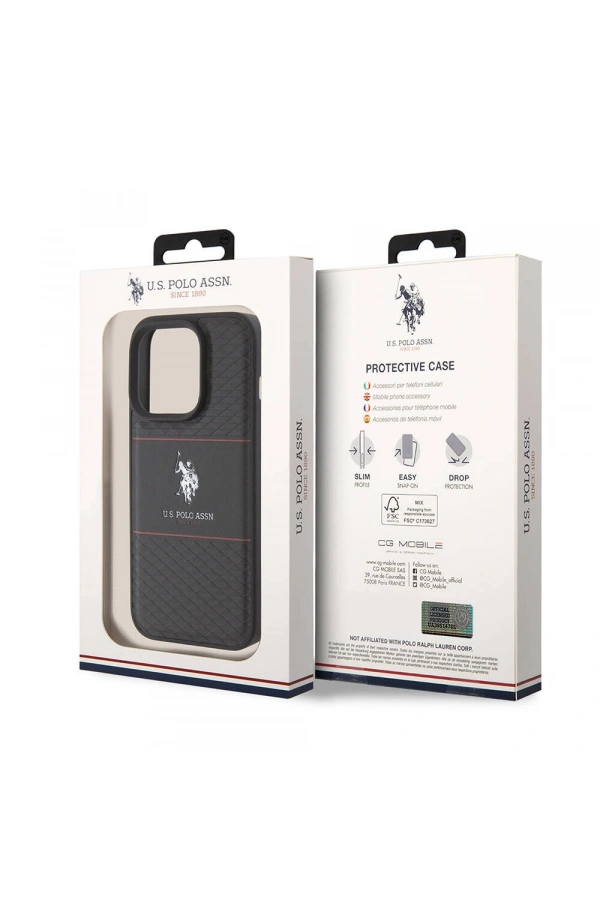 Apple iPhone 15 Pro Kılıf U.S. Polo Assn. Orjinal Lisanslı Deri Şeritli Logo Dizayn Kapak