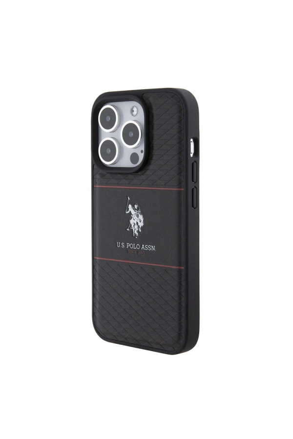 Apple iPhone 15 Pro Kılıf U.S. Polo Assn. Orjinal Lisanslı Deri Şeritli Logo Dizayn Kapak