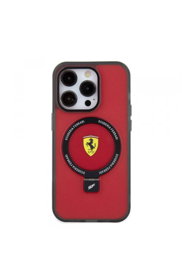 Apple iPhone 15 Pro Max Kılıf Ferrari M-safe Şarj Özellikli Standlı Buzlu Yüzey Dizayn Kapak