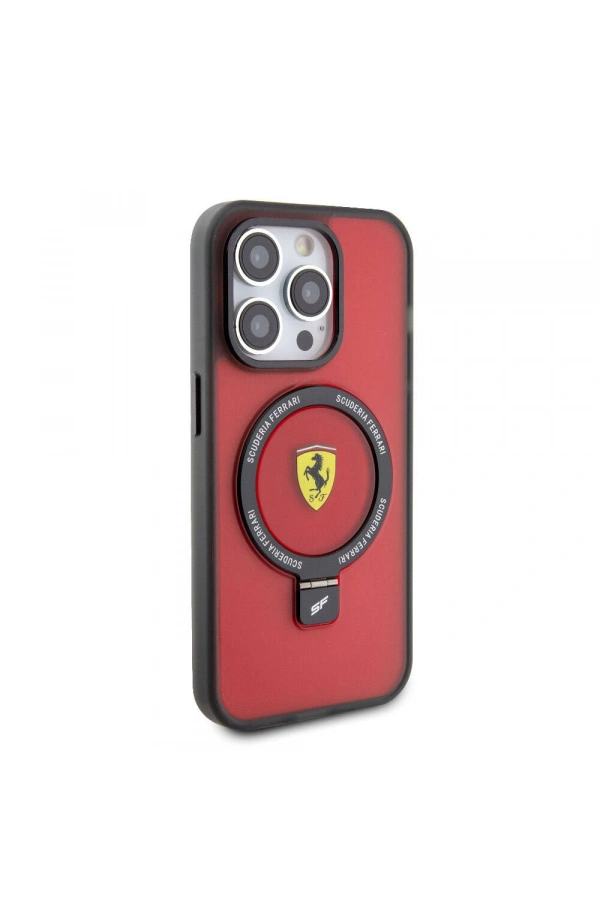 Apple iPhone 15 Pro Max Kılıf Ferrari M-safe Şarj Özellikli Standlı Buzlu Yüzey Dizayn Kapak