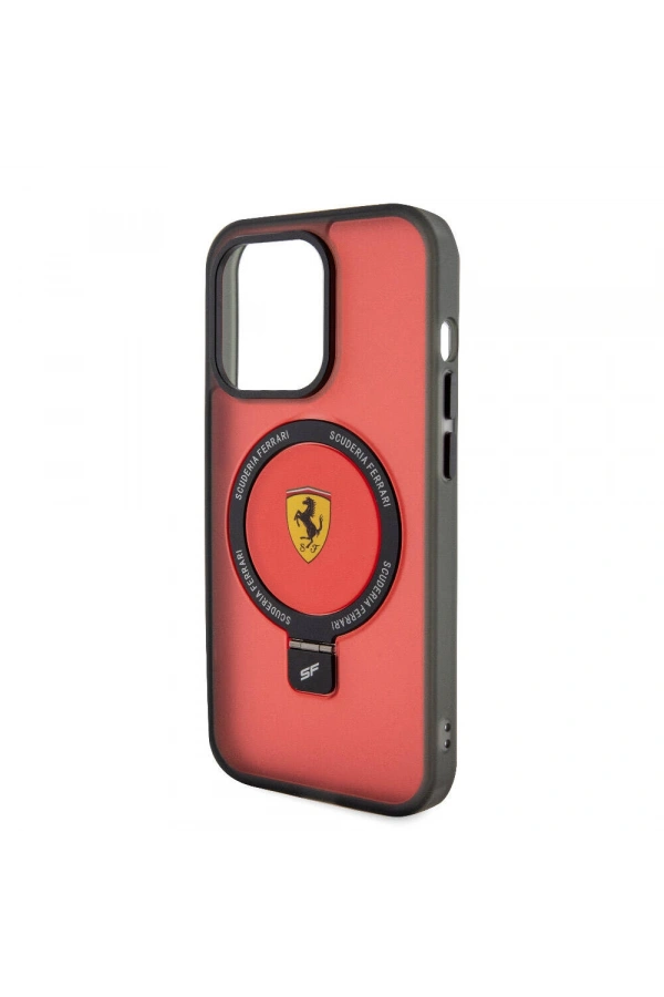Apple iPhone 15 Pro Max Kılıf Ferrari M-safe Şarj Özellikli Standlı Buzlu Yüzey Dizayn Kapak