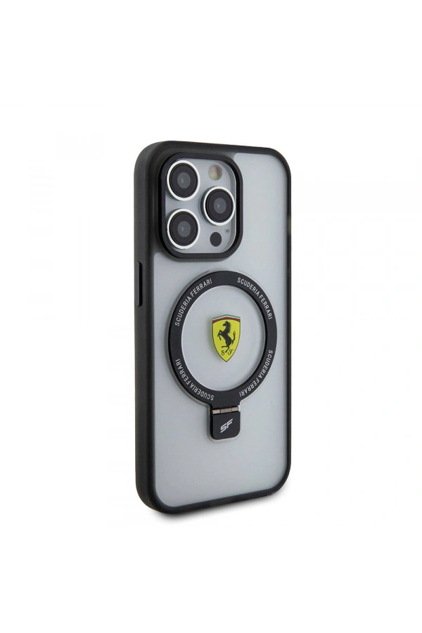 Apple iPhone 15 Pro Max Kılıf Ferrari M-safe Şarj Özellikli Standlı Buzlu Yüzey Dizayn Kapak