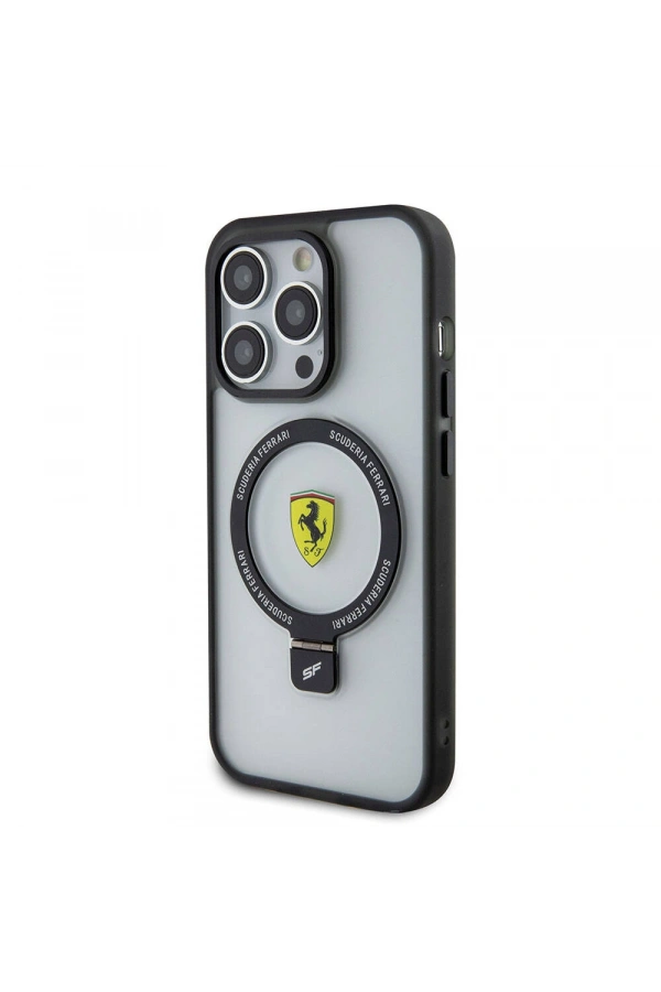 Apple iPhone 15 Pro Max Kılıf Ferrari M-safe Şarj Özellikli Standlı Buzlu Yüzey Dizayn Kapak