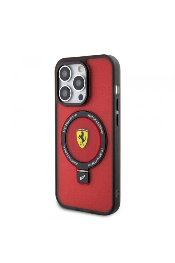Apple iPhone 15 Pro Max Kılıf Ferrari M-safe Şarj Özellikli Standlı Buzlu Yüzey Dizayn Kapak