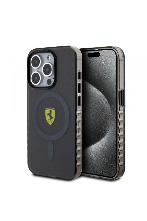 Apple iPhone 15 Pro Max Kılıf Ferrari Orjinal Lisanslı M-safe Şarj Özellikli Tırtıklı Kenar Tasarımlı Ortalanmış Logo Kapak
