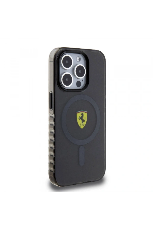 Apple iPhone 15 Pro Max Kılıf Ferrari Orjinal Lisanslı M-safe Şarj Özellikli Tırtıklı Kenar Tasarımlı Ortalanmış Logo Kapak