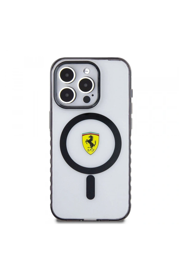 Apple iPhone 15 Pro Max Kılıf Ferrari Orjinal Lisanslı M-safe Şarj Özellikli Tırtıklı Kenar Tasarımlı Ortalanmış Logo Kapak