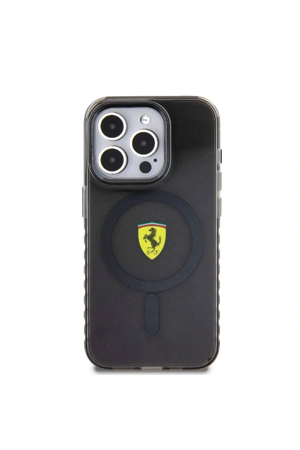 Apple iPhone 15 Pro Max Kılıf Ferrari Orjinal Lisanslı M-safe Şarj Özellikli Tırtıklı Kenar Tasarımlı Ortalanmış Logo Kapak