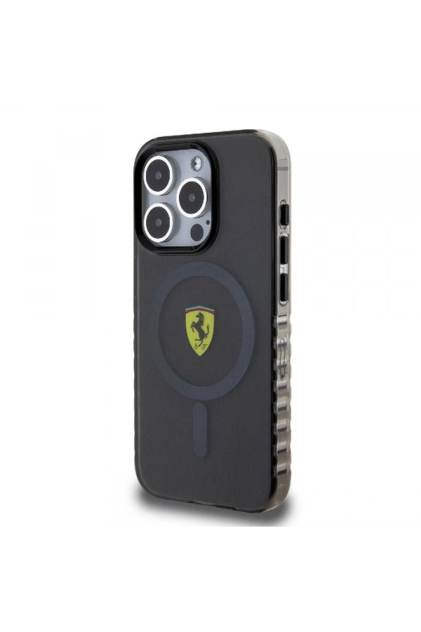Apple iPhone 15 Pro Max Kılıf Ferrari Orjinal Lisanslı M-safe Şarj Özellikli Tırtıklı Kenar Tasarımlı Ortalanmış Logo Kapak