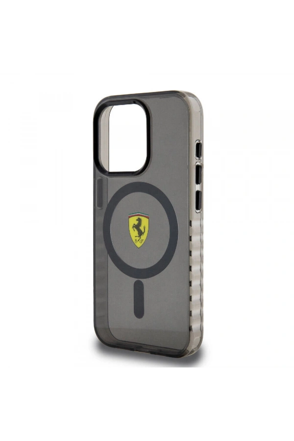 Apple iPhone 15 Pro Max Kılıf Ferrari Orjinal Lisanslı M-safe Şarj Özellikli Tırtıklı Kenar Tasarımlı Ortalanmış Logo Kapak