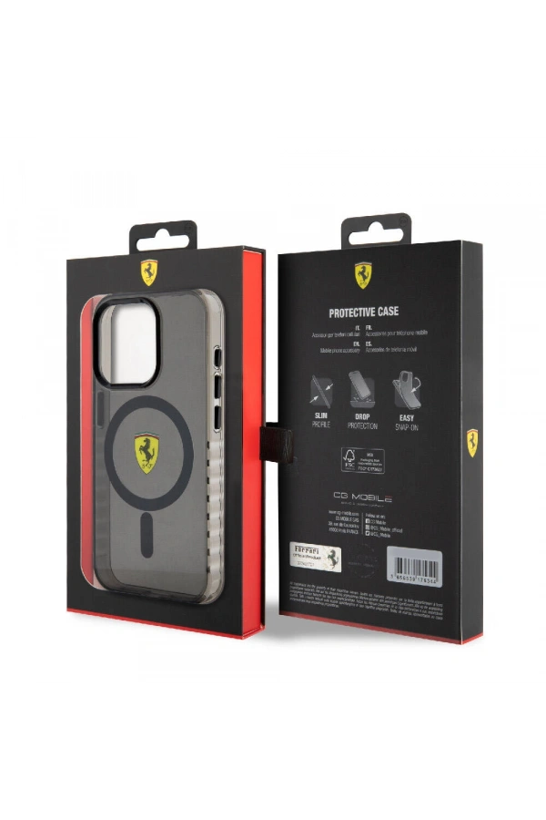 Apple iPhone 15 Pro Max Kılıf Ferrari Orjinal Lisanslı M-safe Şarj Özellikli Tırtıklı Kenar Tasarımlı Ortalanmış Logo Kapak