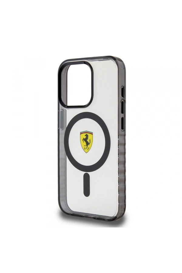 Apple iPhone 15 Pro Max Kılıf Ferrari Orjinal Lisanslı M-safe Şarj Özellikli Tırtıklı Kenar Tasarımlı Ortalanmış Logo Kapak