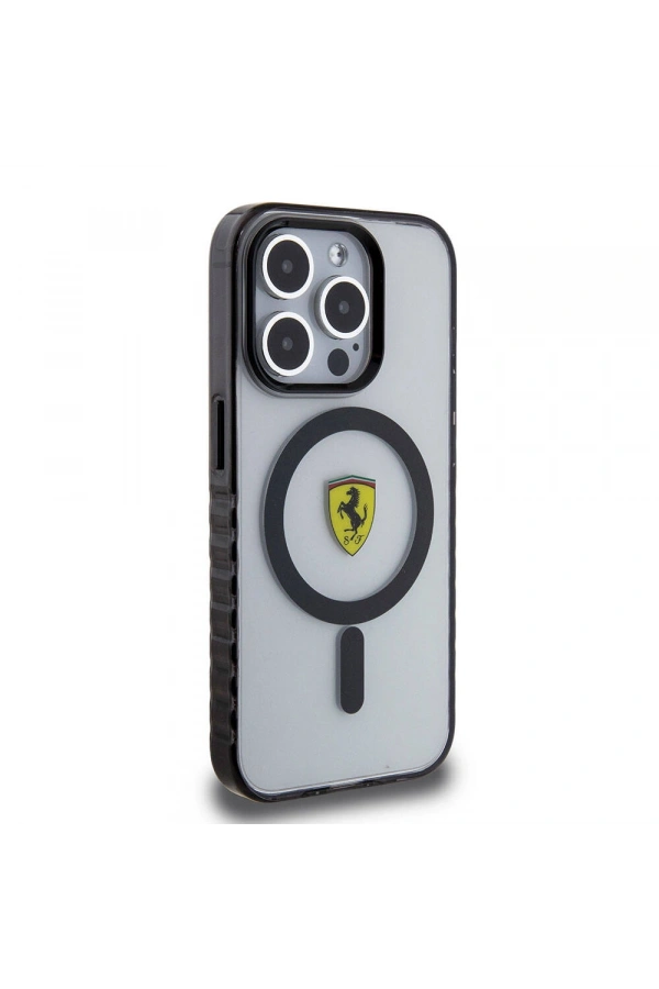 Apple iPhone 15 Pro Max Kılıf Ferrari Orjinal Lisanslı M-safe Şarj Özellikli Tırtıklı Kenar Tasarımlı Ortalanmış Logo Kapak