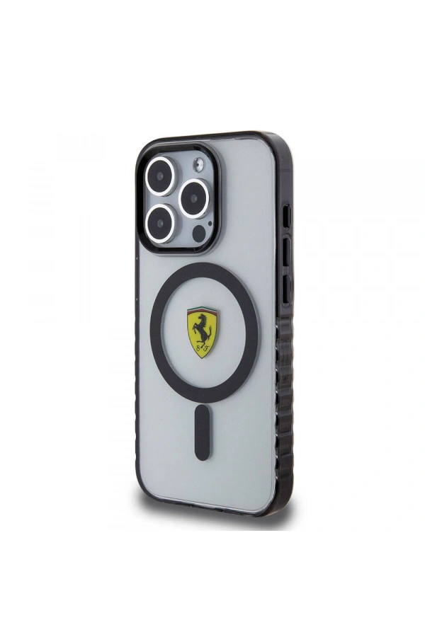 Apple iPhone 15 Pro Max Kılıf Ferrari Orjinal Lisanslı M-safe Şarj Özellikli Tırtıklı Kenar Tasarımlı Ortalanmış Logo Kapak