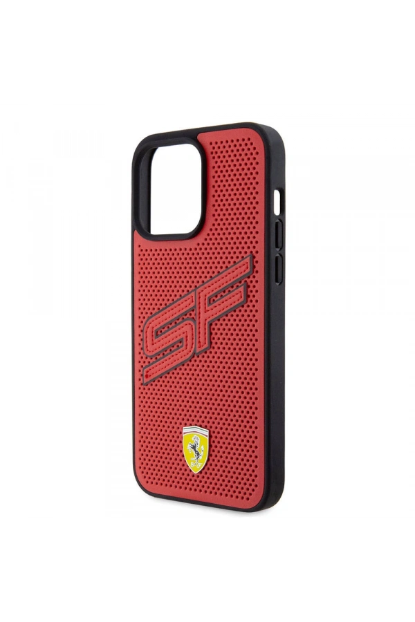 Apple iPhone 15 Pro Max Kılıf Ferrari Orjinal Lisanslı PU Delikli Arka Yüzey Metal Logolu Dikişli Büyük SF Yazılı Kapak