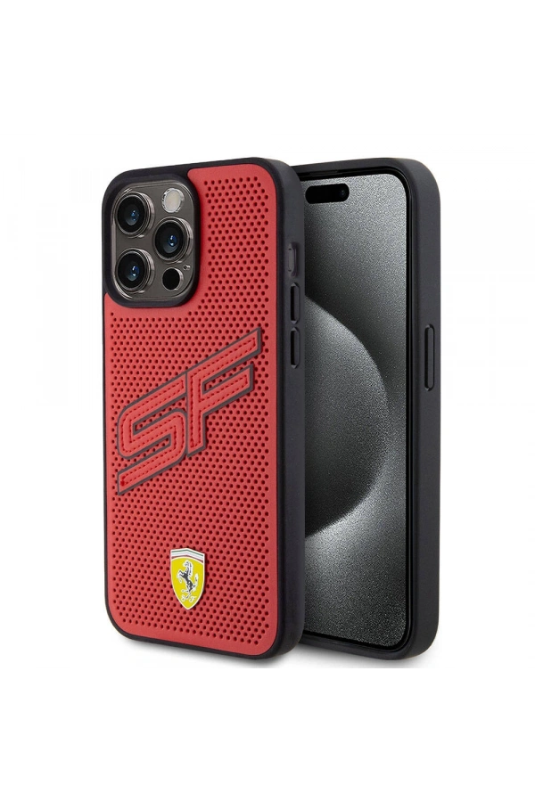Apple iPhone 15 Pro Max Kılıf Ferrari Orjinal Lisanslı PU Delikli Arka Yüzey Metal Logolu Dikişli Büyük SF Yazılı Kapak