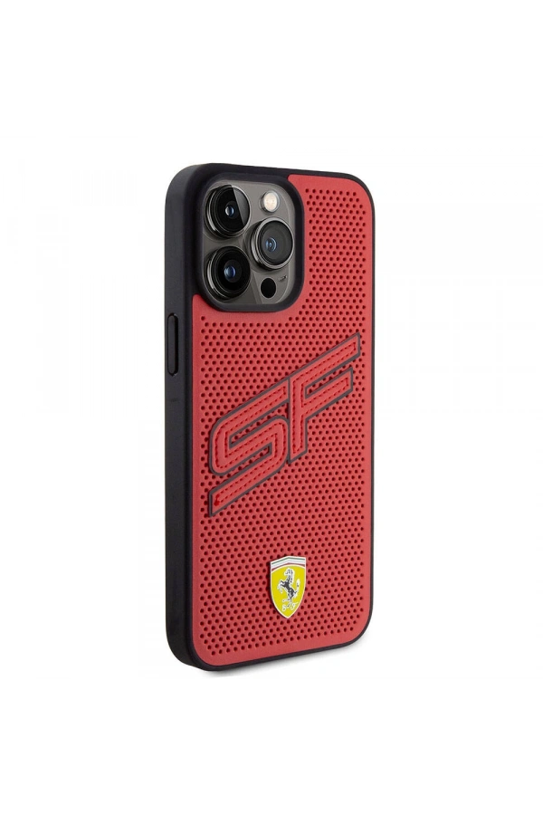 Apple iPhone 15 Pro Max Kılıf Ferrari Orjinal Lisanslı PU Delikli Arka Yüzey Metal Logolu Dikişli Büyük SF Yazılı Kapak