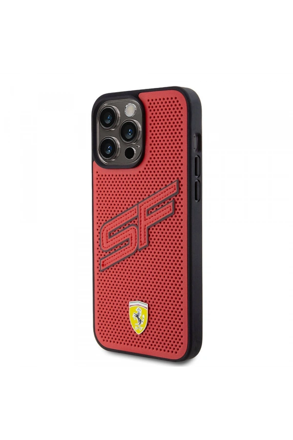 Apple iPhone 15 Pro Max Kılıf Ferrari Orjinal Lisanslı PU Delikli Arka Yüzey Metal Logolu Dikişli Büyük SF Yazılı Kapak
