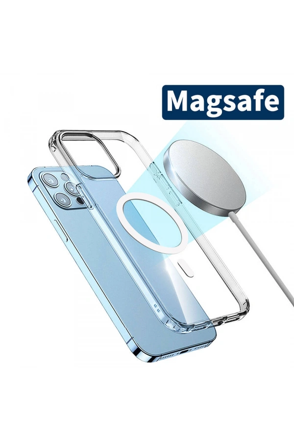 Apple iPhone 15 Pro Max Kılıf M-safe Şarj Özellikli Şeffaf Sert PC Zore Embos Kapak