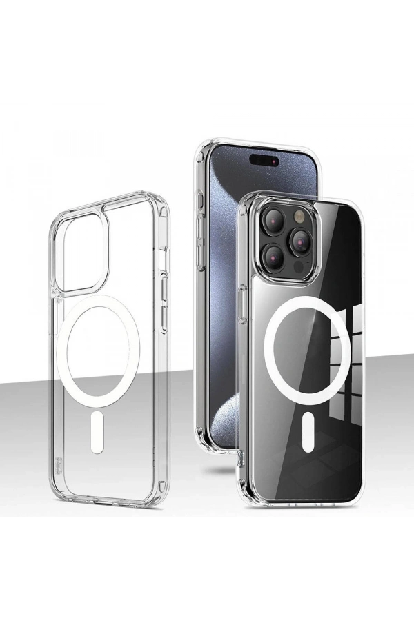 Apple iPhone 15 Pro Max Kılıf M-safe Şarj Özellikli Şeffaf Sert PC Zore Embos Kapak