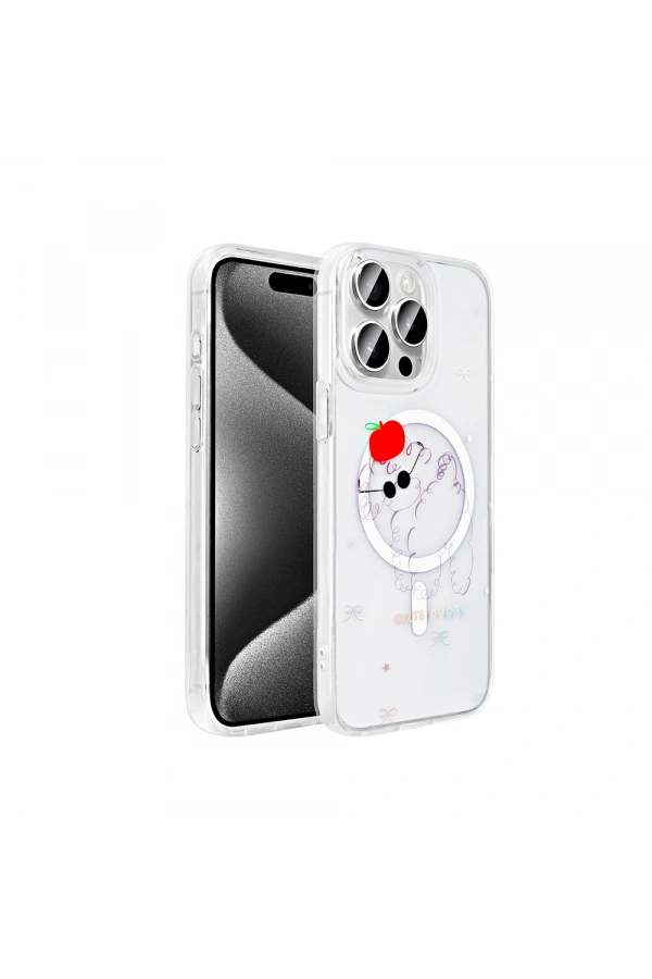 Apple iPhone 15 Pro Max Kılıf M-Safe Şarj Özellikli Şeffaf Zore Folk Sert Kapak