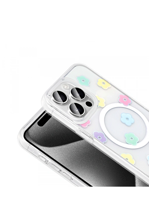 Apple iPhone 15 Pro Max Kılıf M-Safe Şarj Özellikli Şeffaf Zore Folk Sert Kapak