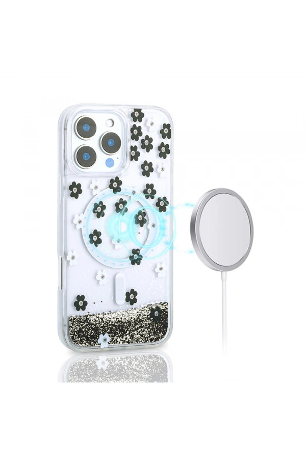 Apple iPhone 15 Pro Max Kılıf Sıvılı Simli Baskılı Şeffaf Arka Yüzey Zore Mossa Silikon Kapak