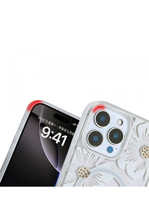 Apple iPhone 15 Pro Max Kılıf Sıvılı Simli Baskılı Şeffaf Arka Yüzey Zore Mossa Silikon Kapak