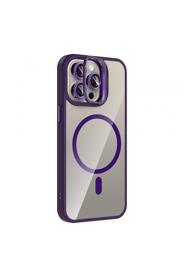 Apple iPhone 15 Pro Max Kılıf Standlı ve Kamera Lens Hediyeli M-Safe Şarj Özellikli Zore Etro Kapak