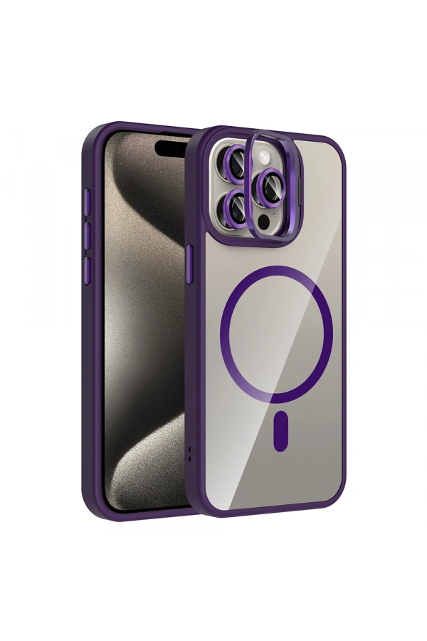 Apple iPhone 15 Pro Max Kılıf Standlı ve Kamera Lens Hediyeli M-Safe Şarj Özellikli Zore Etro Kapak