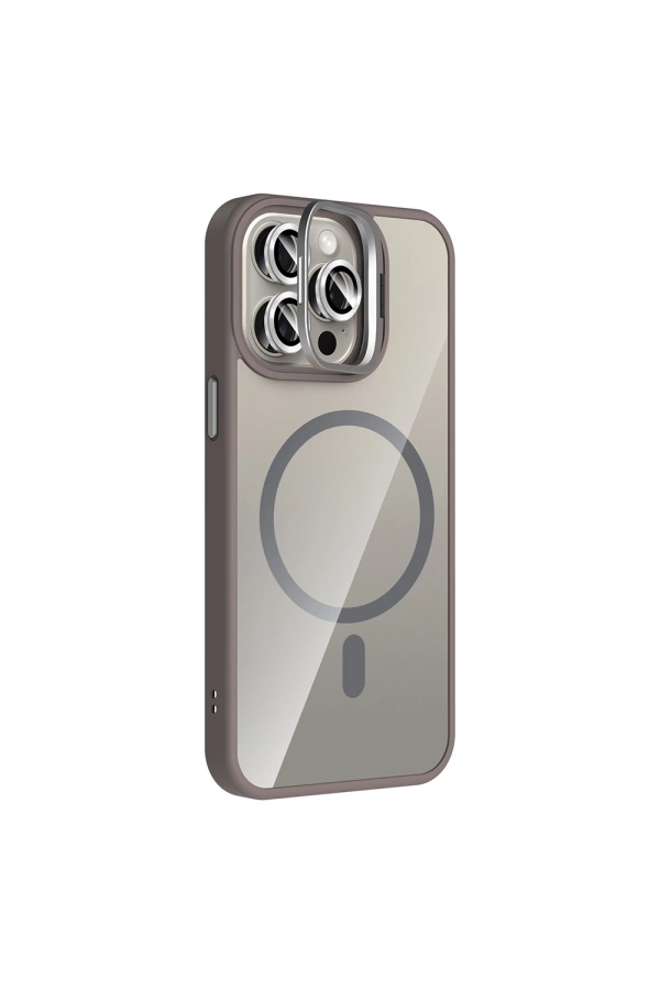 Apple iPhone 15 Pro Max Kılıf Standlı ve Kamera Lens Hediyeli M-Safe Şarj Özellikli Zore Etro Kapak