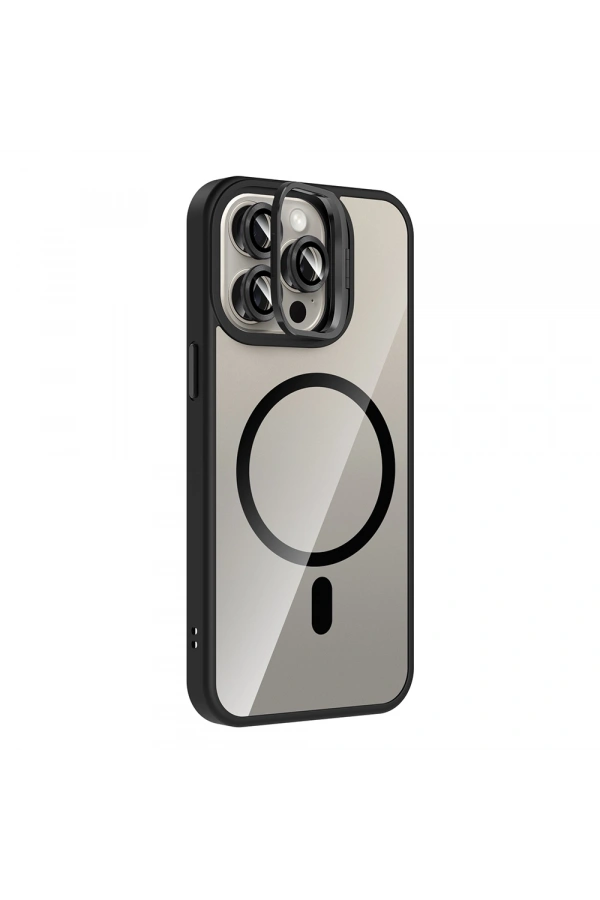 Apple iPhone 15 Pro Max Kılıf Standlı ve Kamera Lens Hediyeli M-Safe Şarj Özellikli Zore Etro Kapak