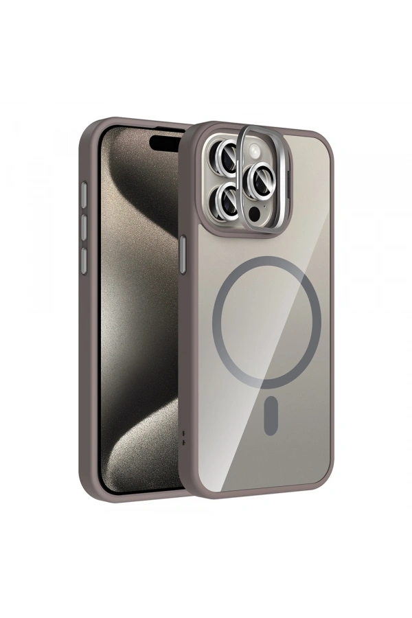 Apple iPhone 15 Pro Max Kılıf Standlı ve Kamera Lens Hediyeli M-Safe Şarj Özellikli Zore Etro Kapak