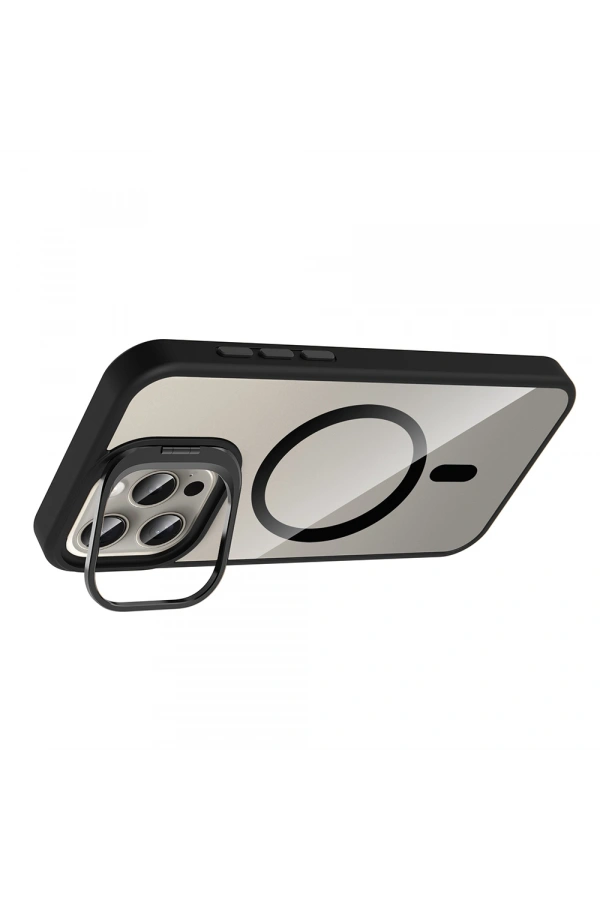 Apple iPhone 15 Pro Max Kılıf Standlı ve Kamera Lens Hediyeli M-Safe Şarj Özellikli Zore Etro Kapak