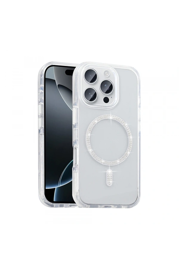 Apple iPhone 15 Pro Max Kılıf Taşlı Tasarım M-safe Şarj Özellikli Zore Koment Silikon Kapak