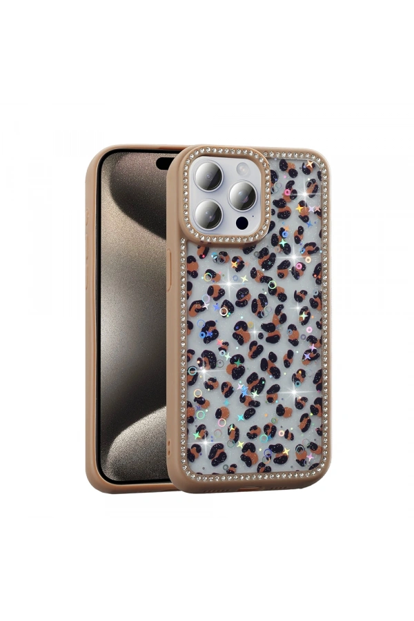 Apple iPhone 15 Pro Max Kılıf Taşlı ve Simli Tasarım Zore Azra Kapak