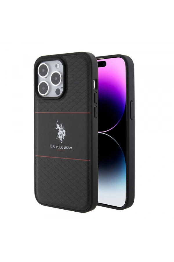 Apple iPhone 15 Pro Max Kılıf U.S. Polo Assn. Orjinal Lisanslı Deri Şeritli Logo Dizayn Kapak