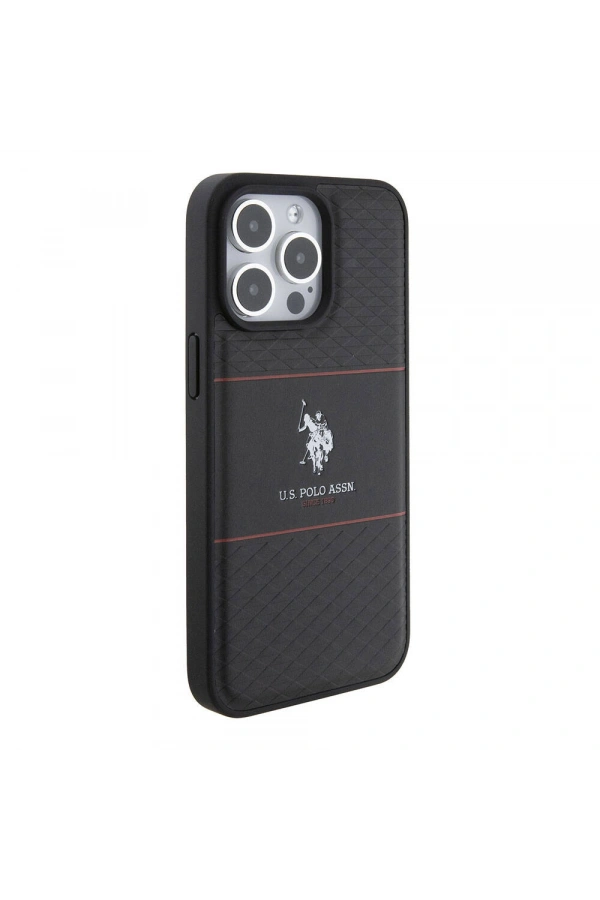 Apple iPhone 15 Pro Max Kılıf U.S. Polo Assn. Orjinal Lisanslı Deri Şeritli Logo Dizayn Kapak