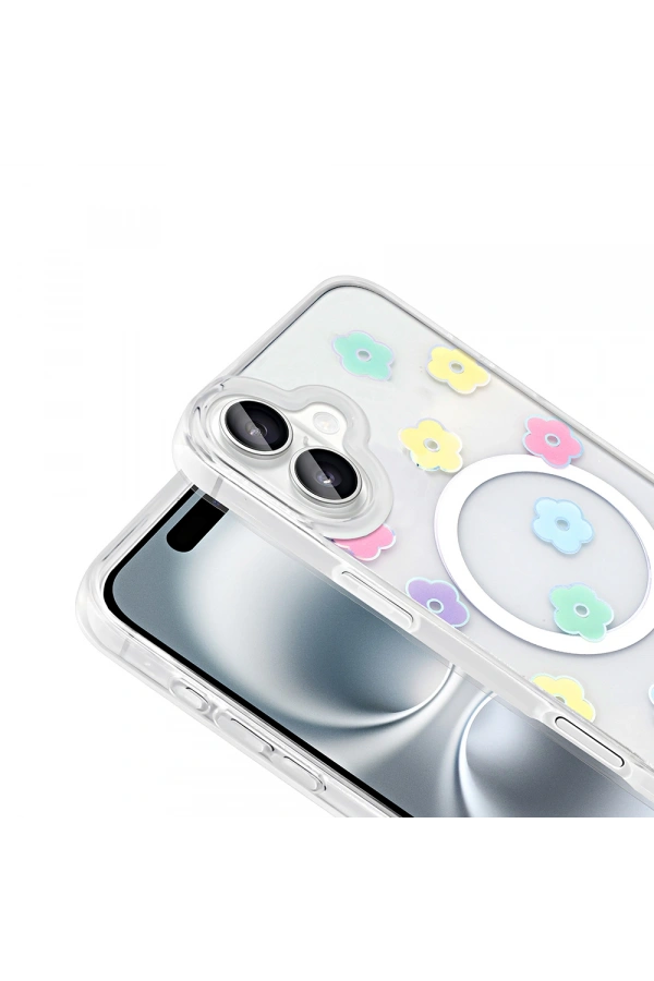 Apple iPhone 16 Kılıf M-Safe Şarj Özellikli Şeffaf Zore Folk Sert Kapak