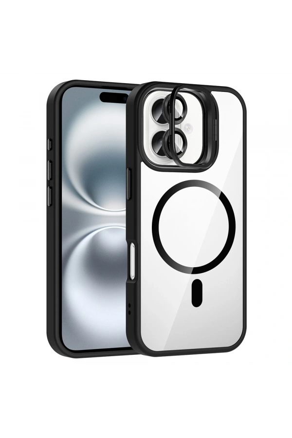 Apple iPhone 16 Kılıf Standlı ve Kamera Lens Hediyeli M-Safe Şarj Özellikli Zore Etro Kapak