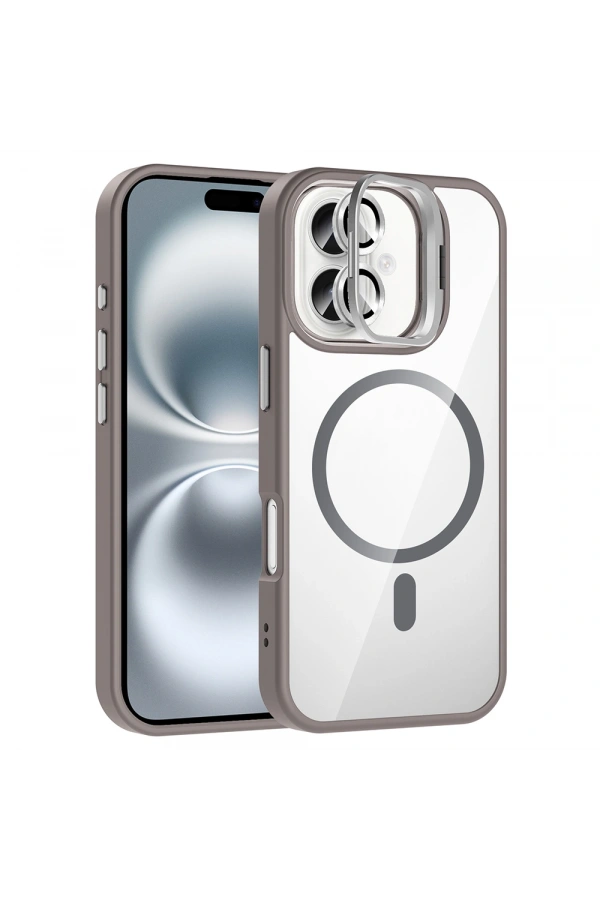 Apple iPhone 16 Plus Kılıf Standlı ve Kamera Lens Hediyeli M-Safe Şarj Özellikli Zore Etro Kapak