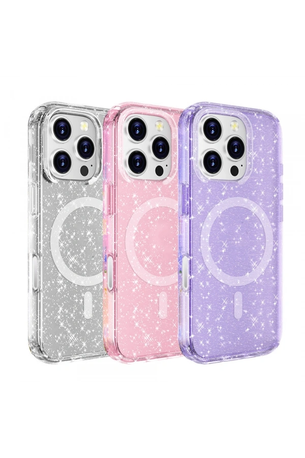 Apple iPhone 16 Pro Kılıf M-safe Şarj Özellikli Parlayan Simli Saydam Renkli Zore Allstar Kapak