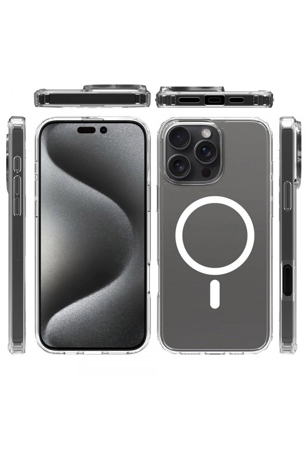 Apple iPhone 16 Pro Kılıf M-safe Şarj Özellikli Şeffaf Sert PC Zore Embos Kapak